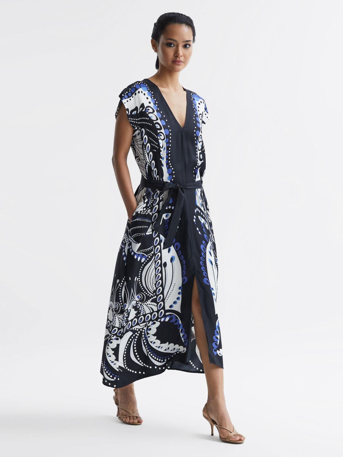 Reiss Dresses | Freja Scarf Printed Midi Dress Navy/white - Women