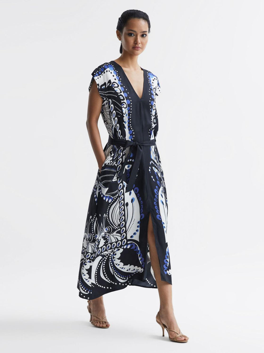 Reiss Dresses | Freja Scarf Printed Midi Dress Navy/white - Women