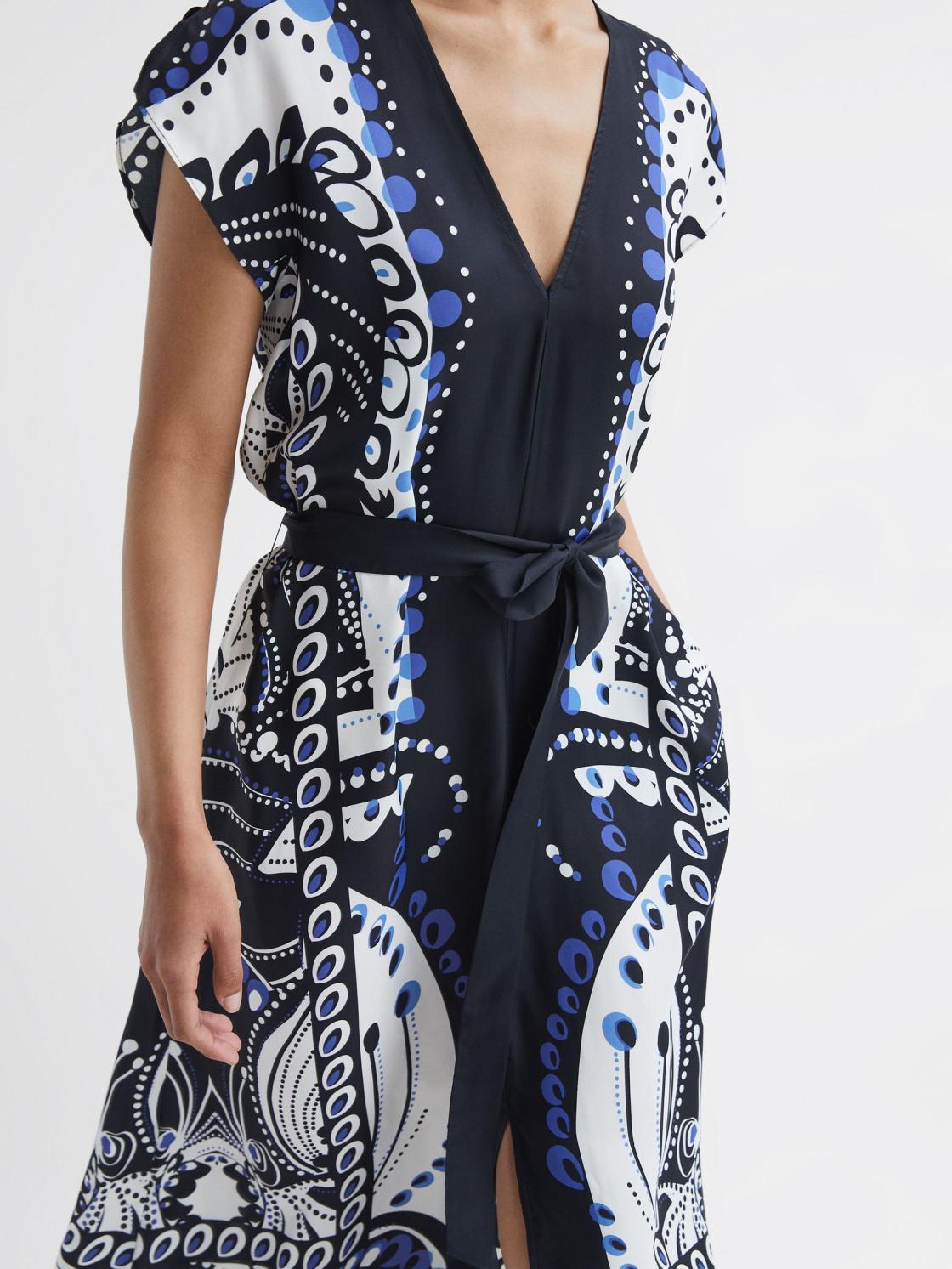 Reiss Dresses | Freja Scarf Printed Midi Dress Navy/white - Women