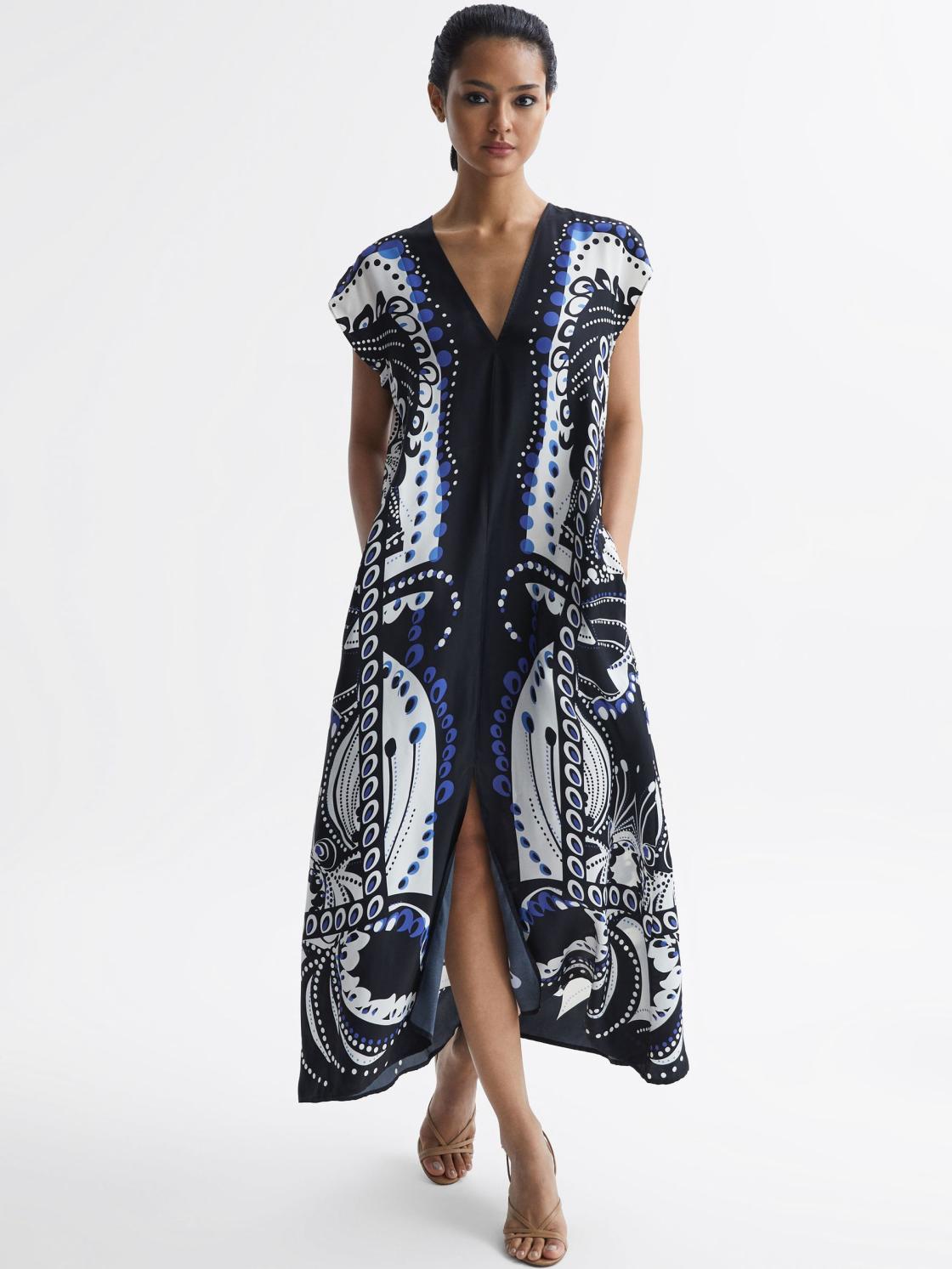 Reiss Dresses | Freja Scarf Printed Midi Dress Navy/white - Women