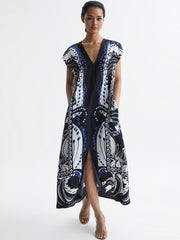 Reiss Dresses | Freja Scarf Printed Midi Dress Navy/white - Women
