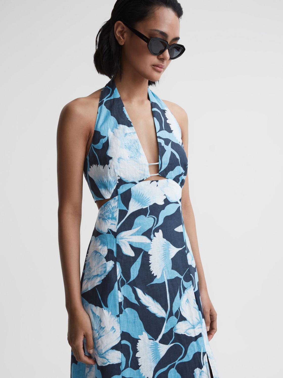 Reiss Dresses | Kaia Linen Halter Neck Midi Dress Navy/blue - Women