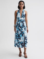 Reiss Dresses | Kaia Linen Halter Neck Midi Dress Navy/blue - Women