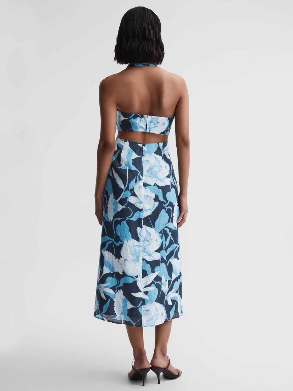 Reiss Dresses | Kaia Linen Halter Neck Midi Dress Navy/blue - Women