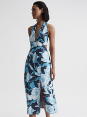 Reiss Dresses | Kaia Linen Halter Neck Midi Dress Navy/blue - Women