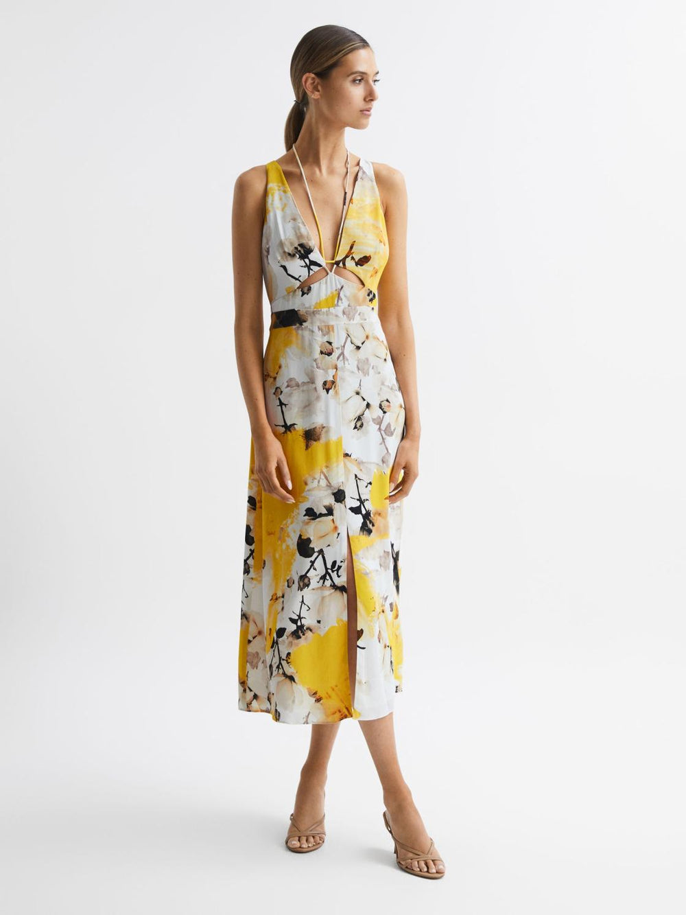 Reiss Dresses | Kasia Fitted Floral Print Midi Dress Yellow - Women