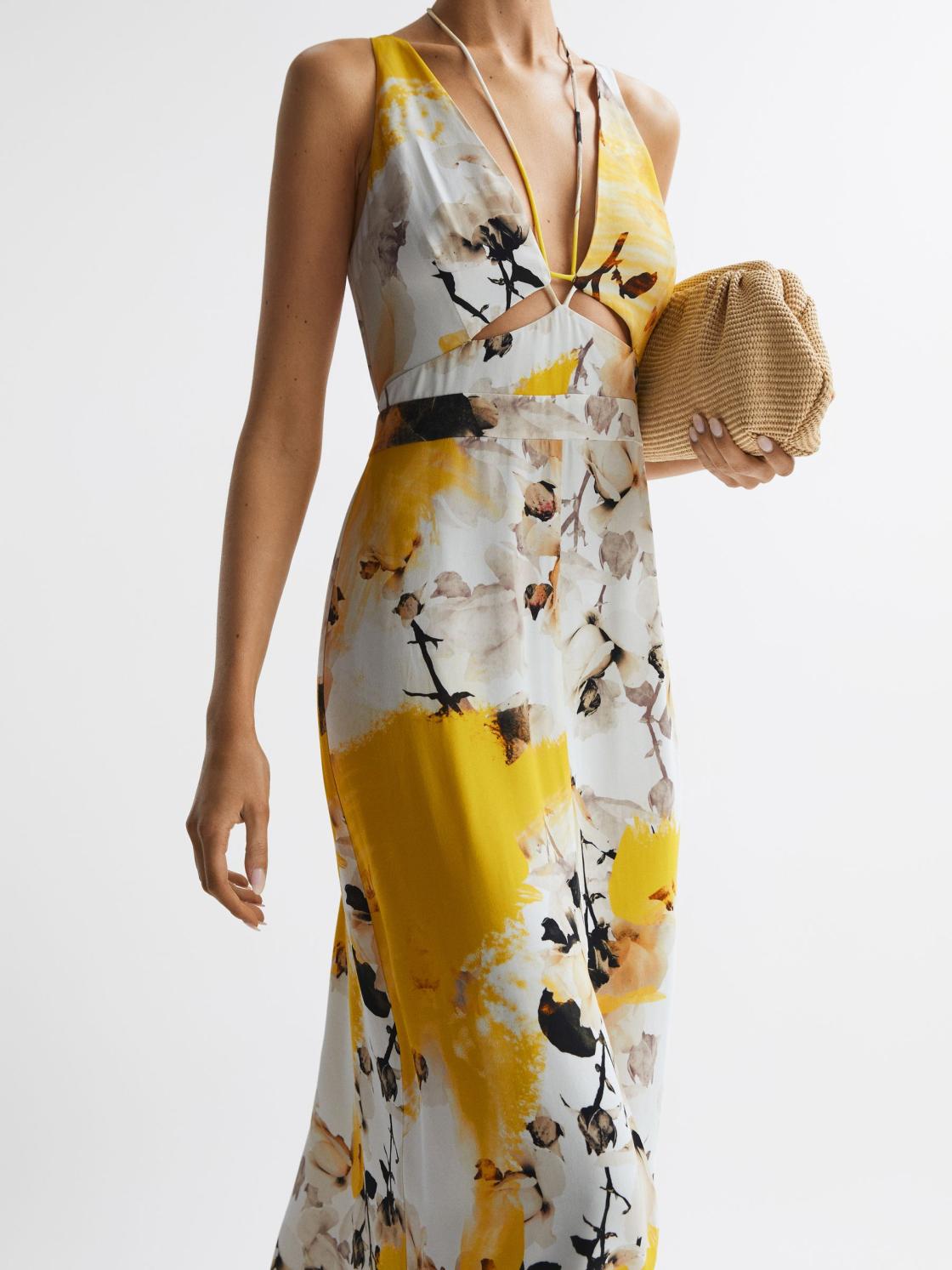 Reiss Dresses | Kasia Fitted Floral Print Midi Dress Yellow - Women
