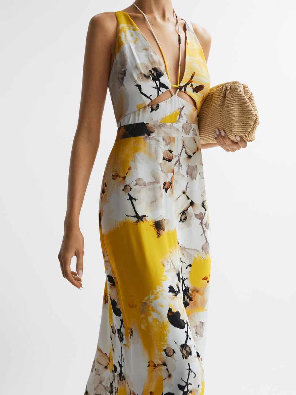 Reiss Dresses | Kasia Fitted Floral Print Midi Dress Yellow - Women
