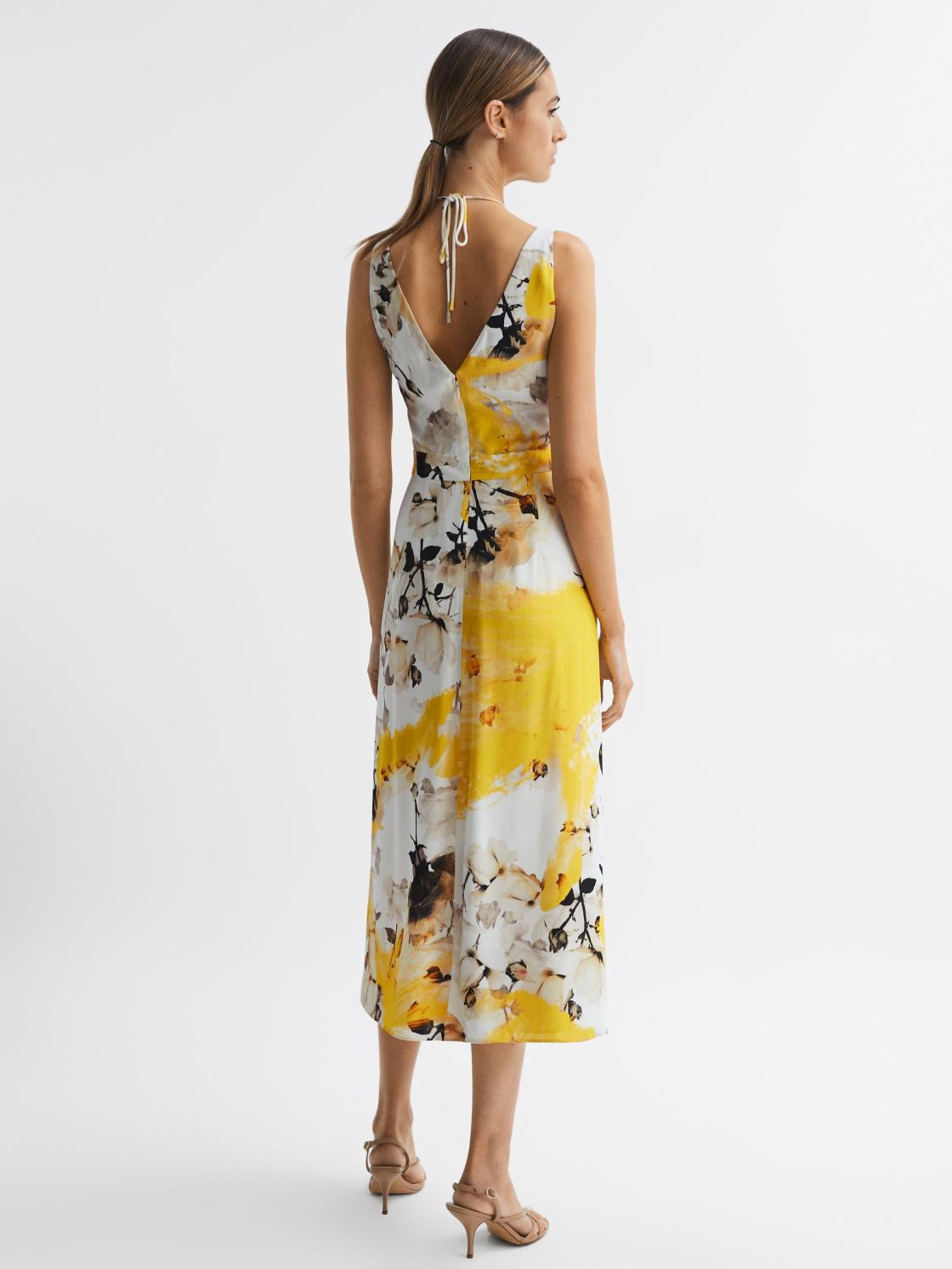 Reiss Dresses | Kasia Fitted Floral Print Midi Dress Yellow - Women
