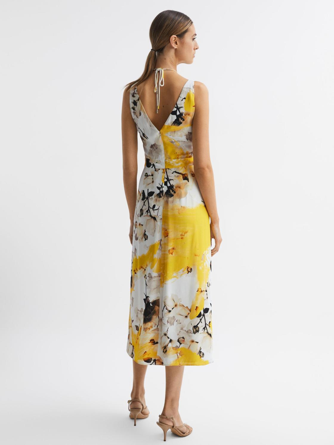 Reiss Dresses | Kasia Fitted Floral Print Midi Dress Yellow - Women