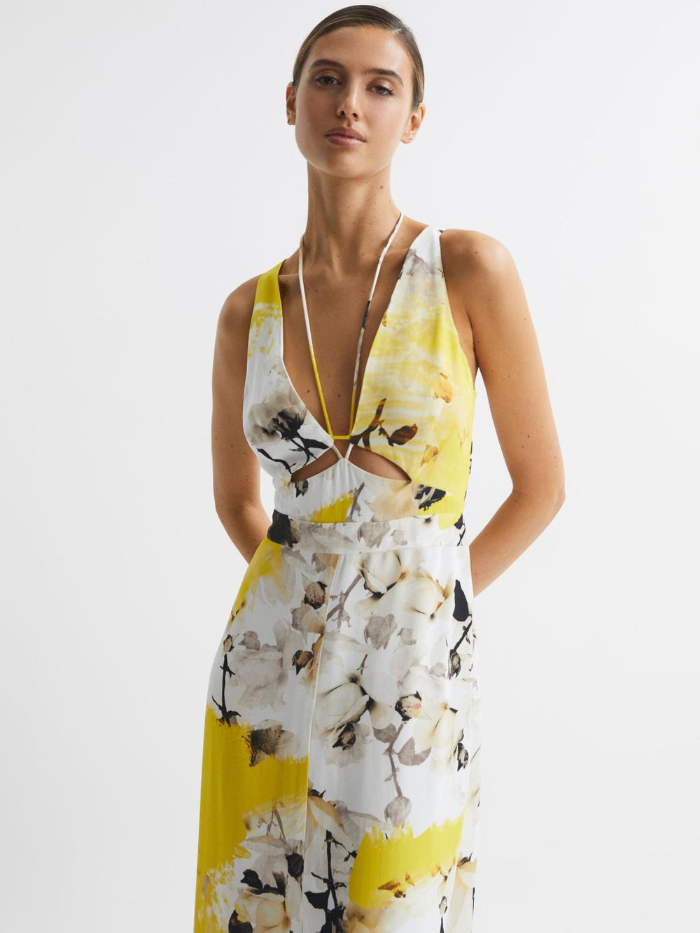 Reiss Dresses | Kasia Fitted Floral Print Midi Dress Yellow - Women