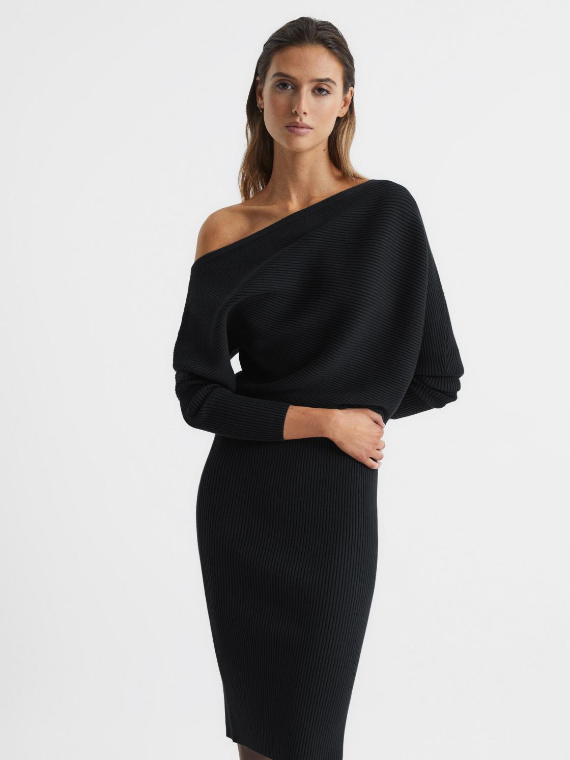 Reiss Dresses | Lara Off-Shoulder Ribbed Dress Black - Women