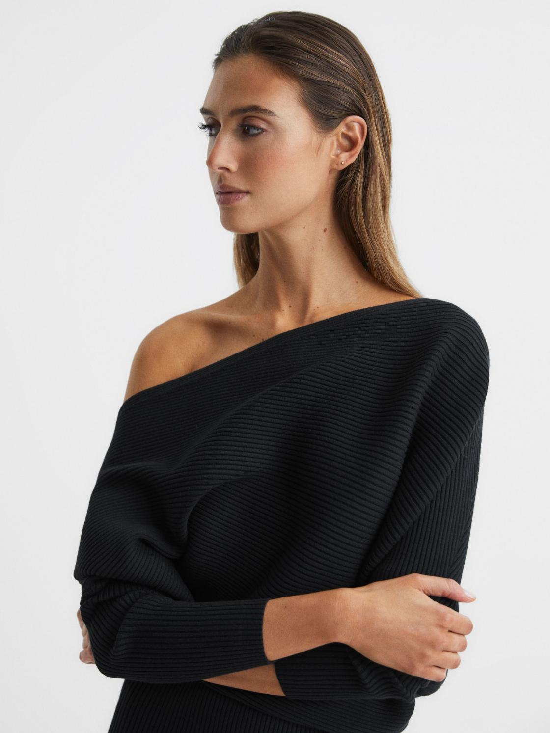 Reiss Dresses | Lara Off-Shoulder Ribbed Dress Black - Women