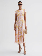 Reiss Dresses | Livia Printed Cut Out Back Midi Dress Blue - Women