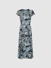 Reiss Dresses | Livia Printed Cut Out Back Midi Dress Blue - Women