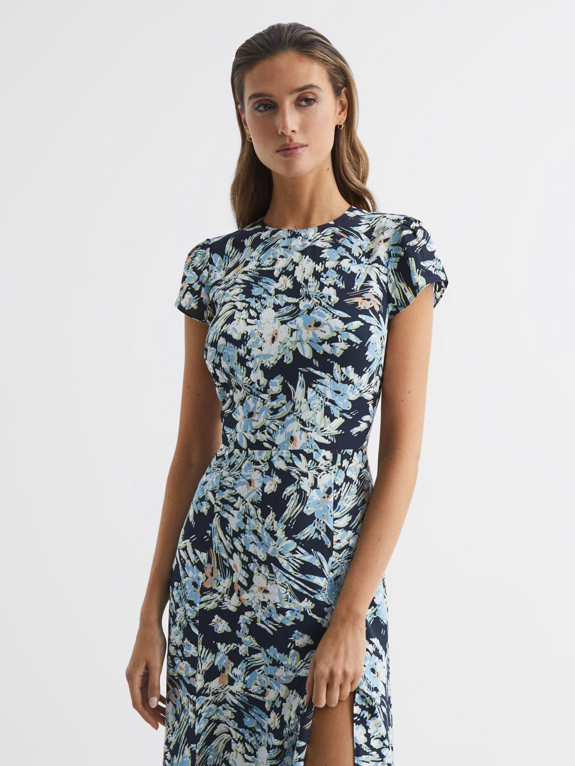 Reiss Dresses | Livia Printed Cut Out Back Midi Dress Blue - Women
