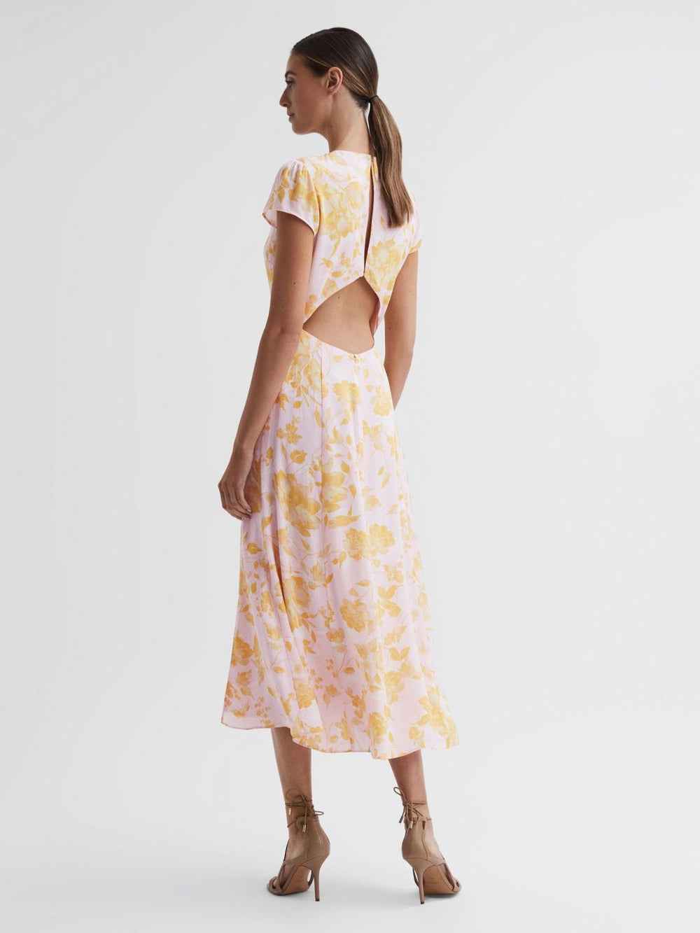 Reiss Dresses | Livia Printed Cut Out Back Midi Dress Blue - Women