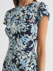 Reiss Dresses | Livia Printed Cut Out Back Midi Dress Blue - Women