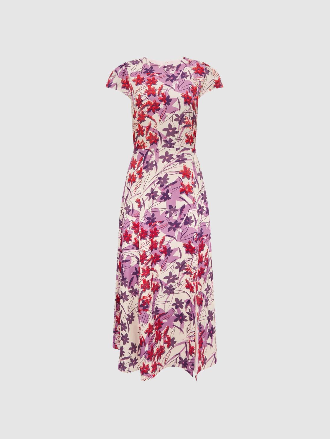 Reiss Dresses | Livia Printed Cut Out Back Midi Dress Pink/purple - Women