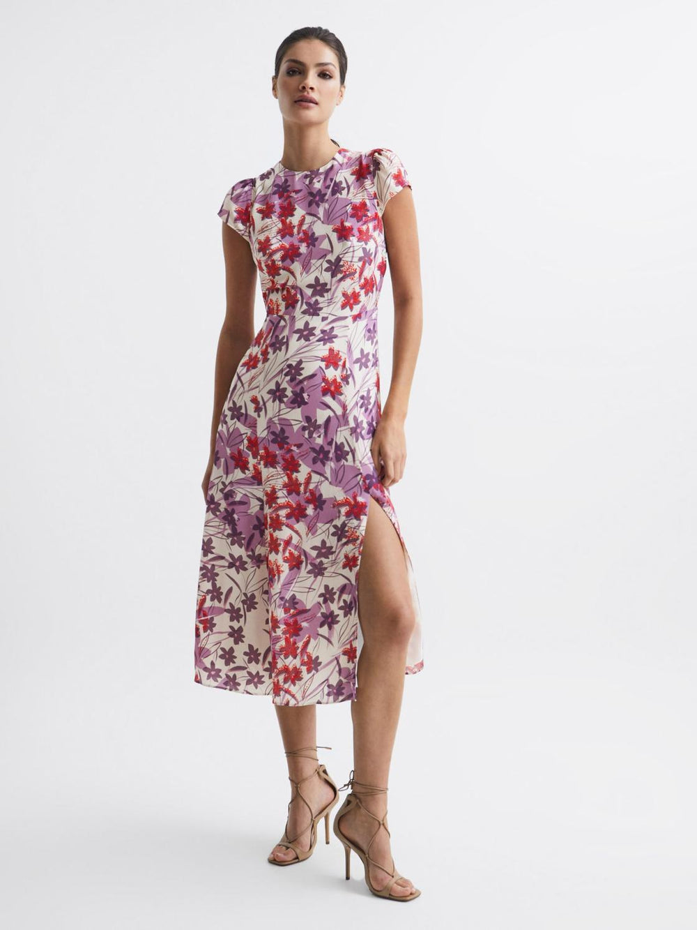 Reiss Dresses | Livia Printed Cut Out Back Midi Dress Pink/purple - Women