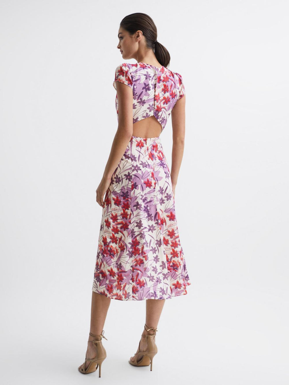 Reiss Dresses | Livia Printed Cut Out Back Midi Dress Pink/purple - Women