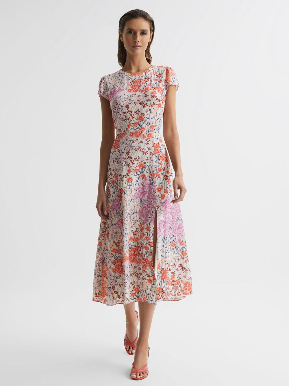 Reiss Dresses | Luna Floral Print Cap Sleeve Dress Coral/white - Women