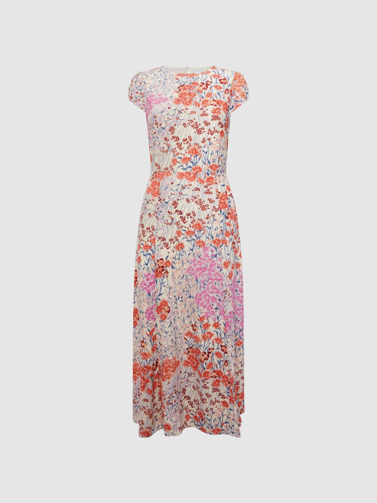Reiss Dresses | Luna Floral Print Cap Sleeve Dress Coral/white - Women