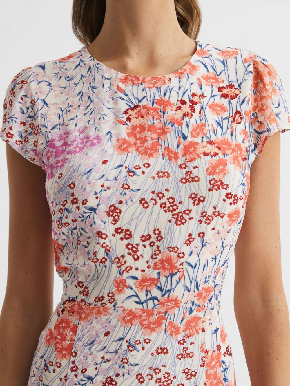 Reiss Dresses | Luna Floral Print Cap Sleeve Dress Coral/white - Women