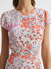 Reiss Dresses | Luna Floral Print Cap Sleeve Dress Coral/white - Women