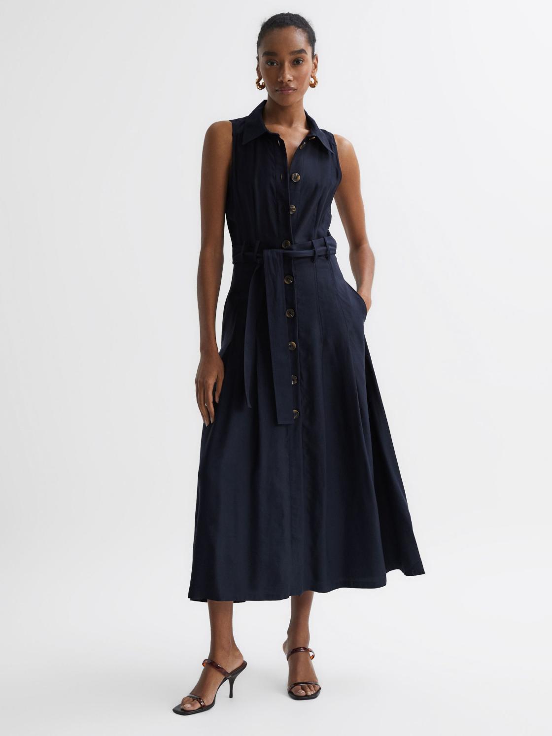 Reiss Dresses | Milena Button Front Midi Dress Navy - Women