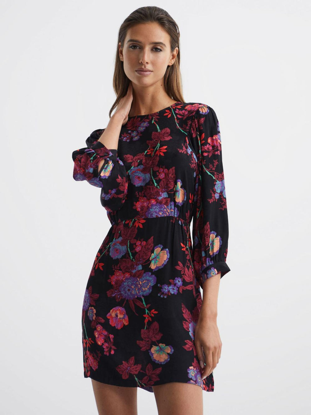 Reiss Dresses | Paulina Fitted Floral Print Mini Dress Black/pink - Women