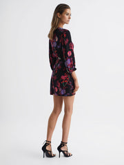 Reiss Dresses | Paulina Fitted Floral Print Mini Dress Black/pink - Women