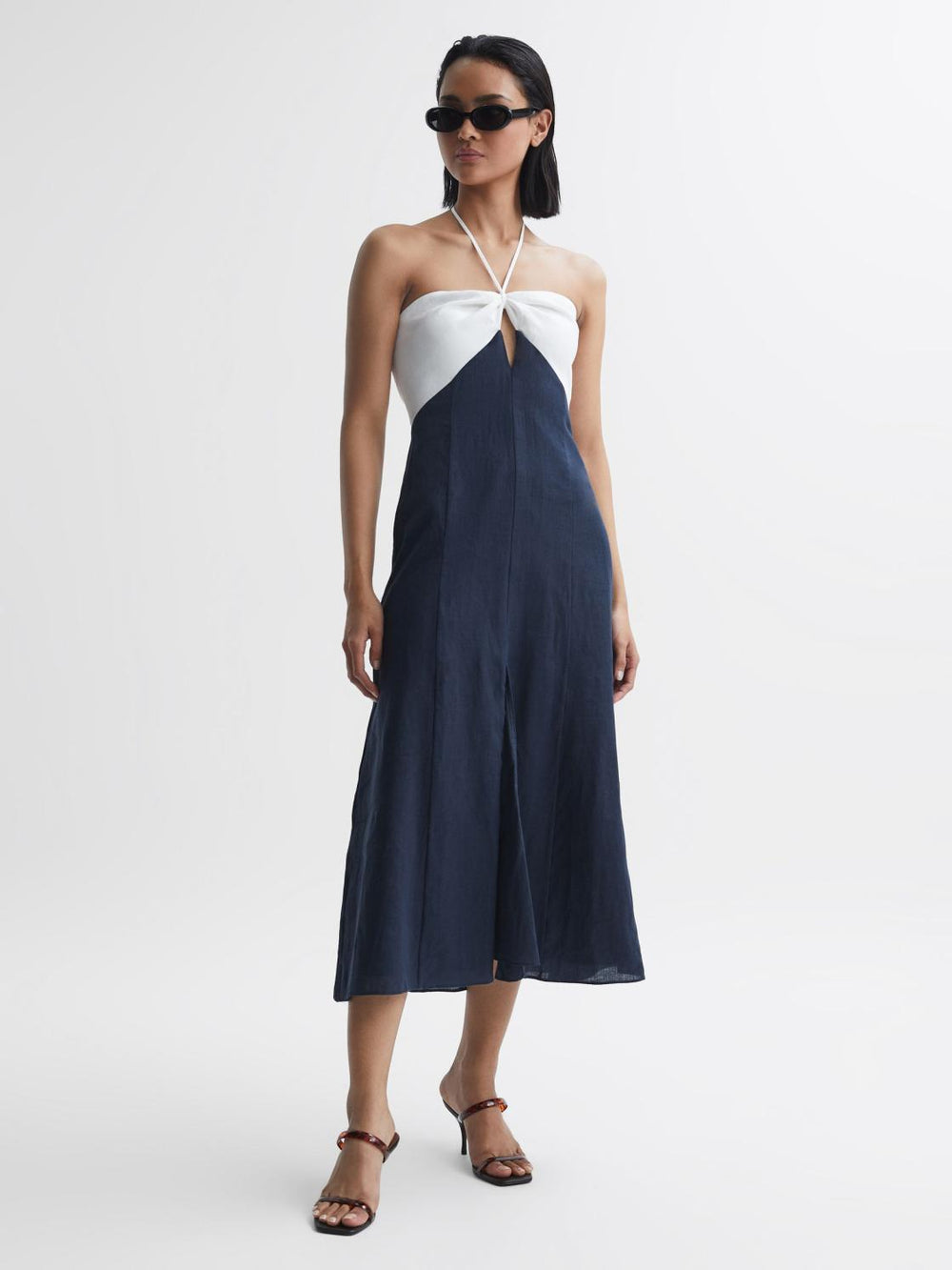 Reiss Dresses | Sian Linen Colour Block Midi Dress Navy/white - Women