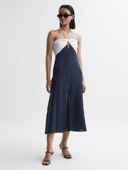 Reiss Dresses | Sian Linen Colour Block Midi Dress Navy/white - Women