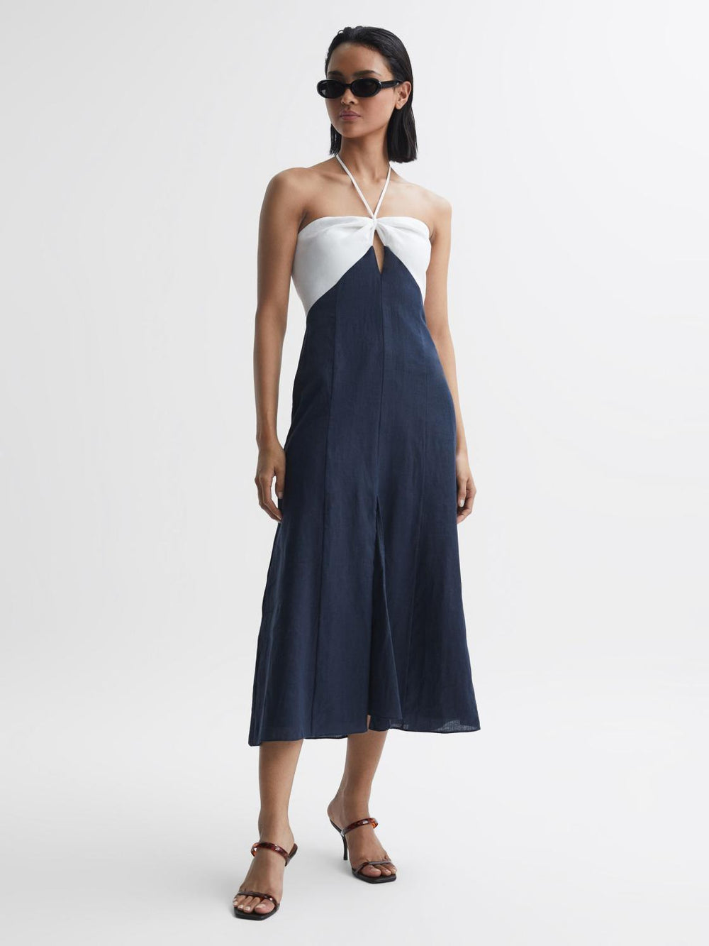 Reiss Dresses | Sian Linen Colour Block Midi Dress Navy/white - Women