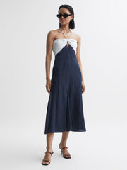Reiss Dresses | Sian Linen Colour Block Midi Dress Navy/white - Women
