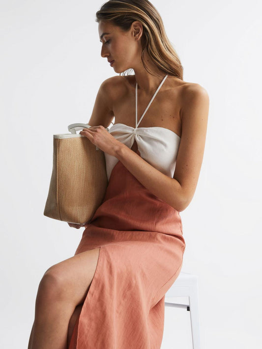 Reiss Dresses | Sian Linen Colour Block Midi Dress Rust/white - Women