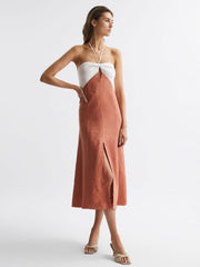 Reiss Dresses | Sian Linen Colour Block Midi Dress Rust/white - Women