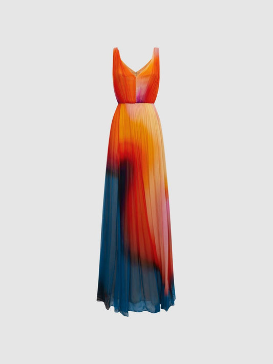 Reiss Dresses | Stacia Halston Pleated Maxi Gown Sunset Abstract - Women