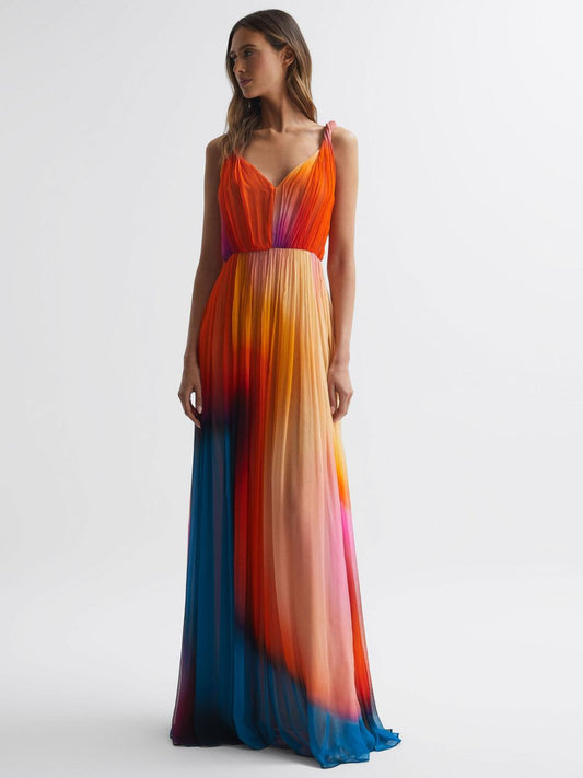Reiss Dresses | Stacia Halston Pleated Maxi Gown Sunset Abstract - Women