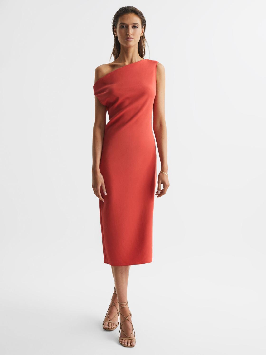 Reiss Dresses | Zaria Off-Shoulder Bodycon Midi Dress Coral - Women