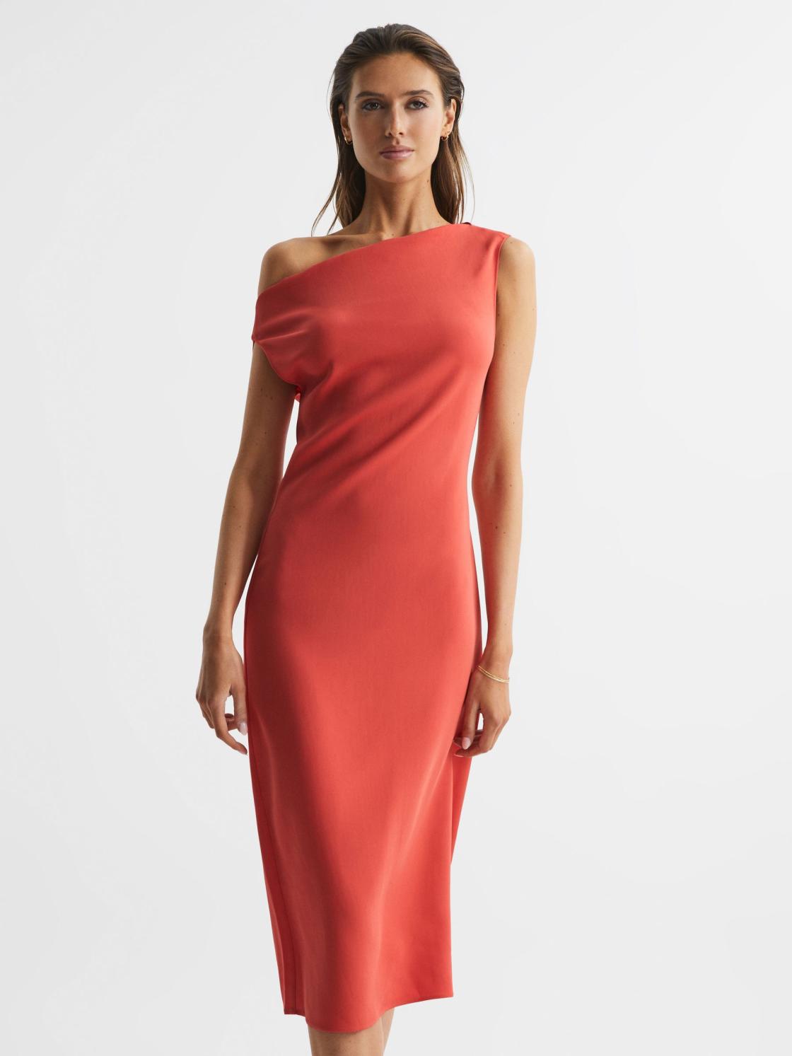 Reiss Dresses | Zaria Off-Shoulder Bodycon Midi Dress Coral - Women