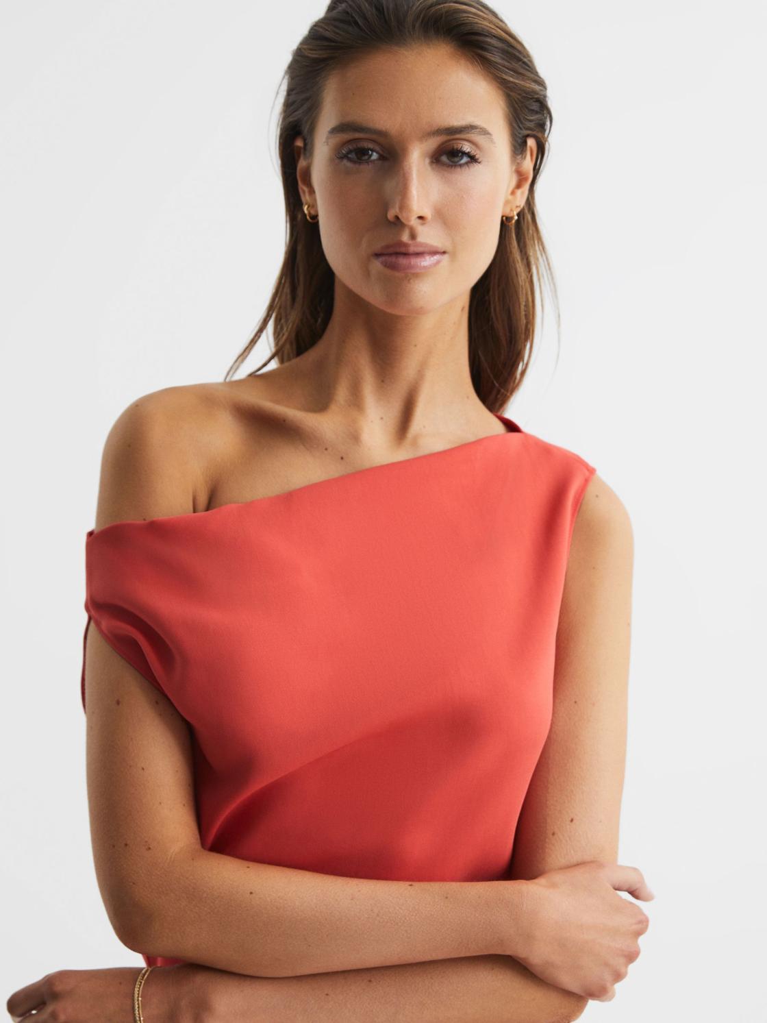 Reiss Dresses | Zaria Off-Shoulder Bodycon Midi Dress Coral - Women