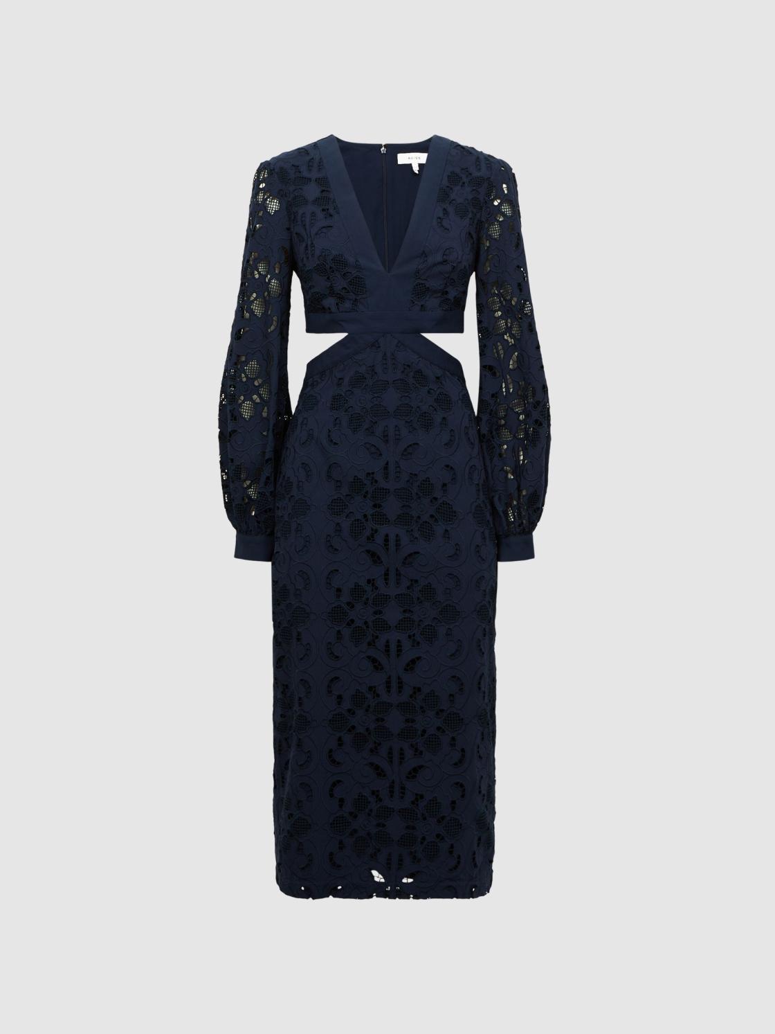 Reiss Dresses | Zena Lace Cut-Out Midi Dress Navy - Women