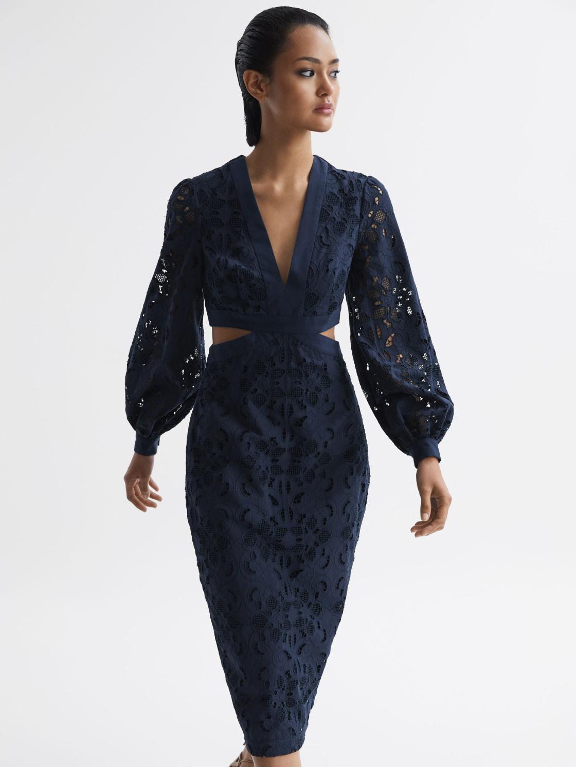 Reiss Dresses | Zena Lace Cut-Out Midi Dress Navy - Women
