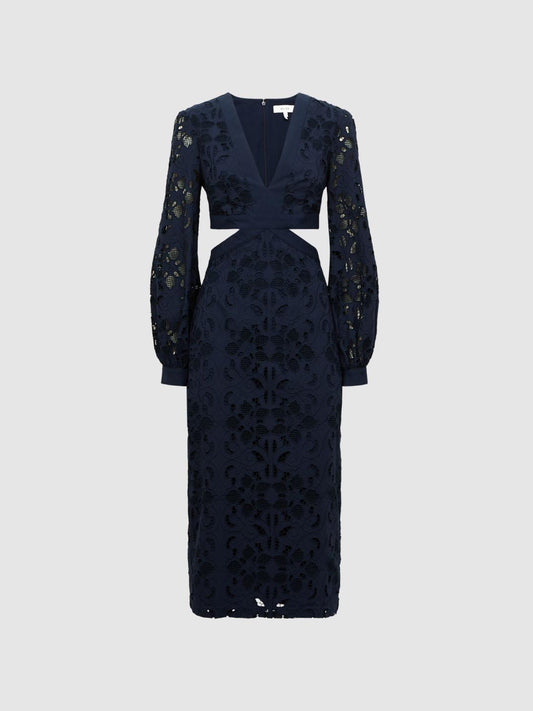Reiss Dresses | Zena Lace Cut-Out Midi Dress Navy - Women