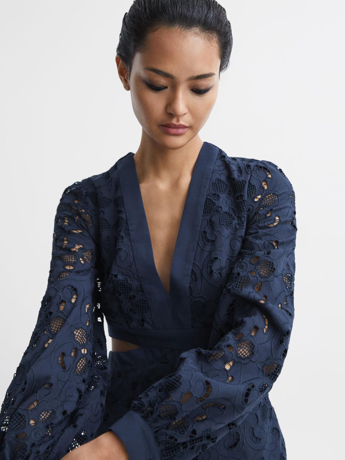 Reiss Dresses | Zena Lace Cut-Out Midi Dress Navy - Women