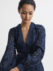 Reiss Dresses | Zena Lace Cut-Out Midi Dress Navy - Women