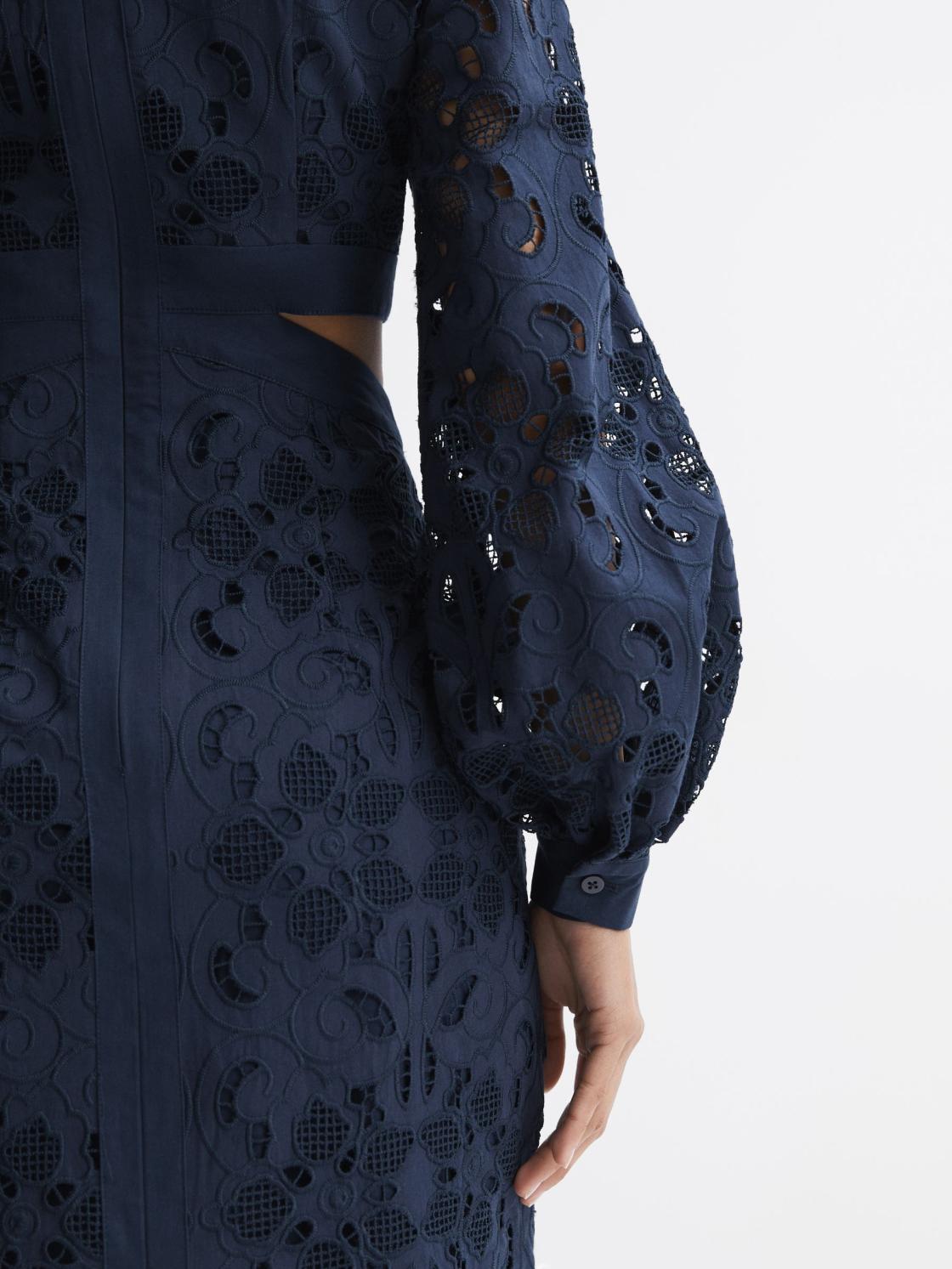 Reiss Dresses | Zena Lace Cut-Out Midi Dress Navy - Women
