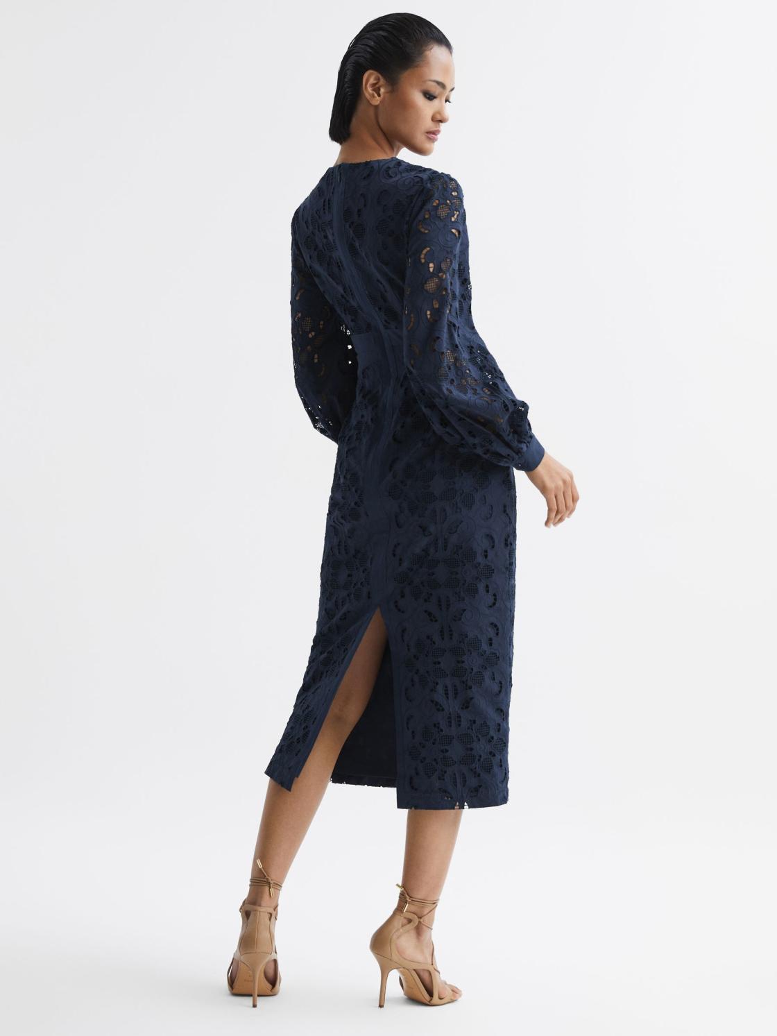 Reiss Dresses | Zena Lace Cut-Out Midi Dress Navy - Women
